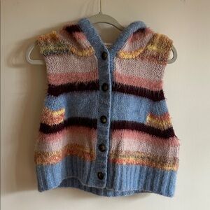Free People Rosetta Multicolor Striped Knit Hooded Vest large Pink Blue Yellow
